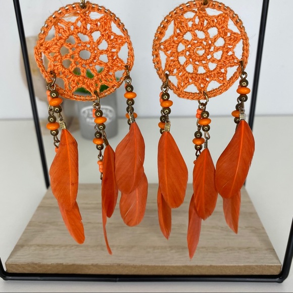 New Orange Dreamcatcher Feather Earrings - Picture 1 of 2